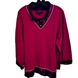 Tommy Hilfiger Women’s Plus Size 2X Layered Sweater Blouse Red Black NEW